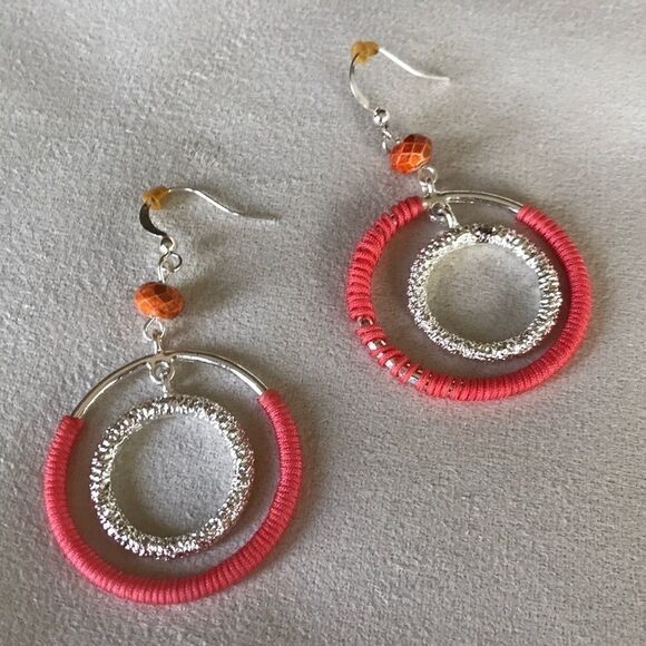 Coral and Silver Dangle Hoop Earrings! - Picture 1 of 2